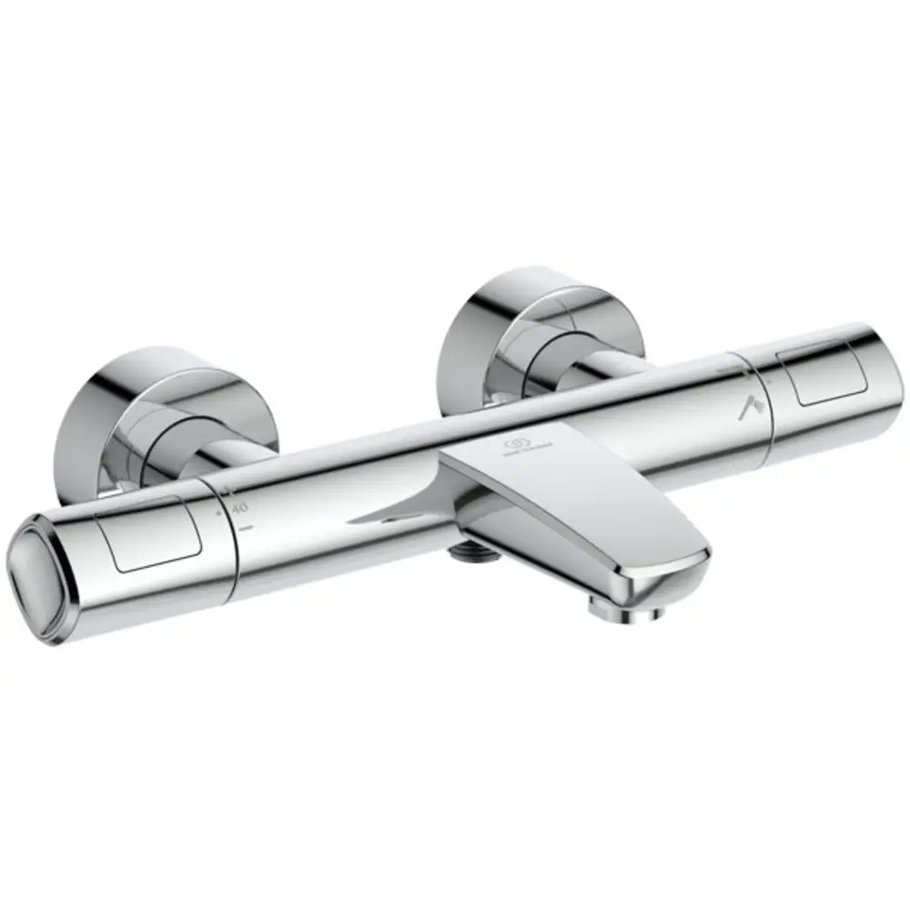 Chromfarbener Badethermostat von Ideal Standard mit zwei Bedienknöpfen zur Temperatur- und Wassermengenregulierung, montiert an der Wand.